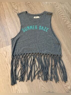 Hollister Gray Fringed Crop Tank with Teal Lettering